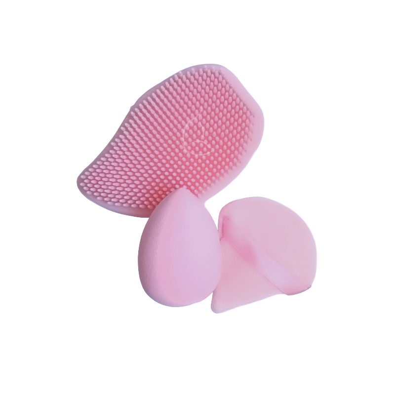 Set Éponges & Houppette de Maquillage avec Pad Nettoyant Visage – Multi-Formes pour Teint Parfait Rose Pastel (#de9cbc)