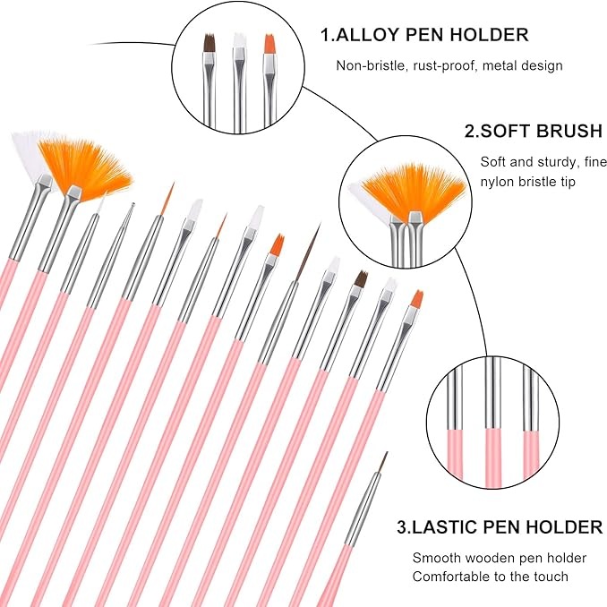 Kit de 15 Pinceaux Nail Art Professionnels – Pointes Fines Rondes et Pointues en Nylon pour Manucure Artistique, Acrylique, Aquarelle et Peinture à l’Huile